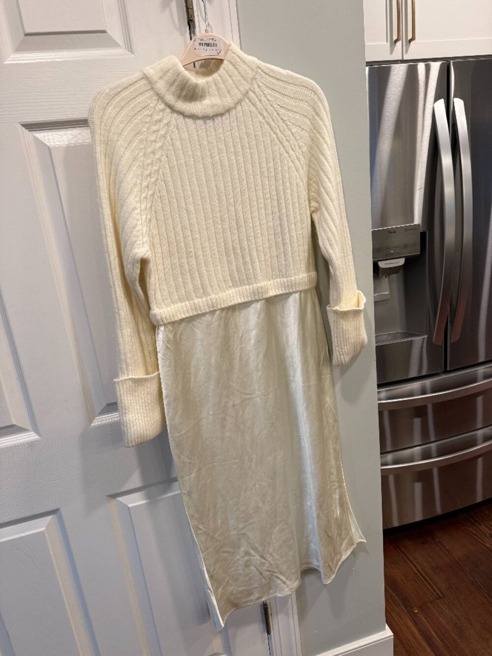 Design 365 Cream Sweater Overlay Satin Slip Midi Dress Size S